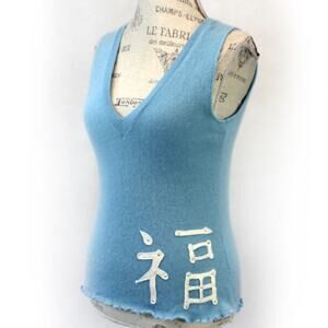 Deborah Lindquist 2-Ply 100% Cashmere Knit Zen Blue Sweater V-Neck Vest Medium